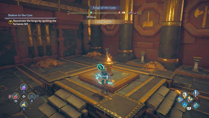 Go to the lit torch, and then light the torches marked with symbols that you can see on the wall - Immortals Fenyx Rising: Shaken to the Core - walkthrough - The tasks of Hephaestus - Immortals Fenyx Rising Guide