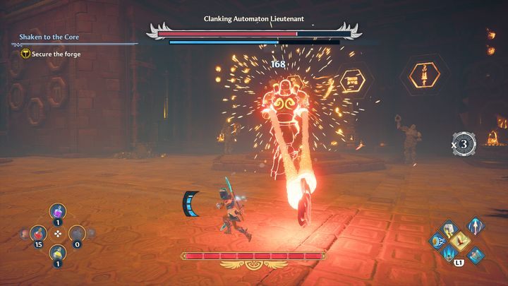 The Automaton Lieutenant can also perform a ranged attack - Immortals Fenyx Rising: Clanking Automaton Lieutenant - how to defeat the boss? - Bosses - Immortals Fenyx Rising Guide