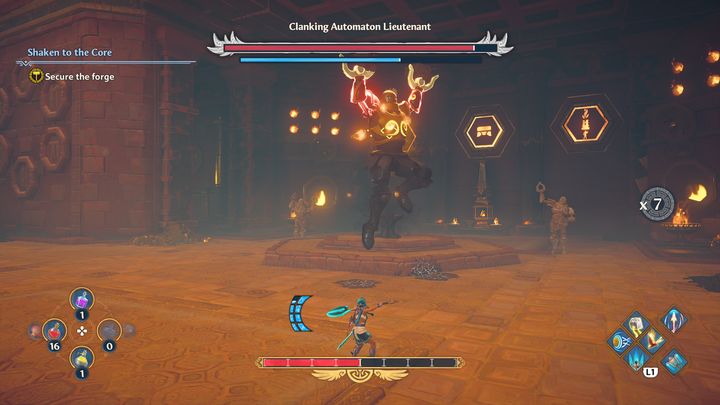 The boss can also stick his pincers into the ground, then jump into the air a moment later and deal damage upon landing - Immortals Fenyx Rising: Clanking Automaton Lieutenant - how to defeat the boss? - Bosses - Immortals Fenyx Rising Guide