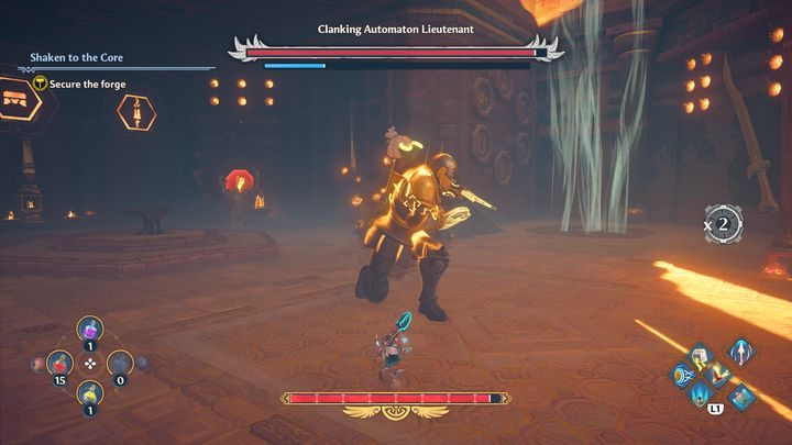 The Clanking Automaton Lieutenant can also attack you with his feet - Immortals Fenyx Rising: Clanking Automaton Lieutenant - how to defeat the boss? - Bosses - Immortals Fenyx Rising Guide