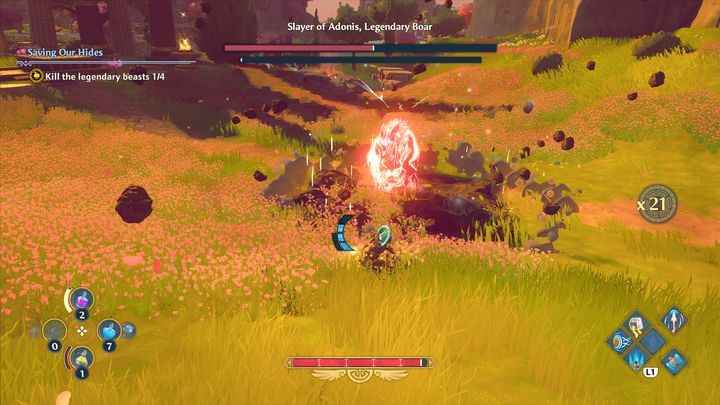 When it comes to the second attack, the boar goes into a frenzy and attacks with its hooves, creating shockwaves - Immortals Fenyx Rising: Saving Our Hides - walkthrough - Main missions - Immortals Fenyx Rising Guide