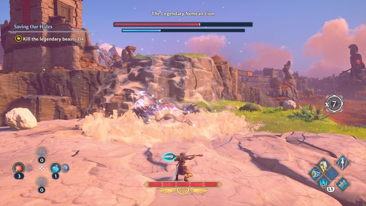 The lion can sometimes become idle for a moment during the battle - when that happens, quickly retreat, as after a short while it will start to glow red and roar - Immortals Fenyx Rising: Saving Our Hides - walkthrough - Main missions - Immortals Fenyx Rising Guide