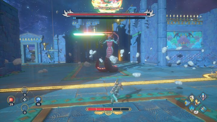 Her second attack is to conjure up a powerful, green projectile which deals a significant amount of damage - Immortals Fenyx Rising: Medusa the Imperoius - how to defeat the boss? - Bosses - Immortals Fenyx Rising Guide