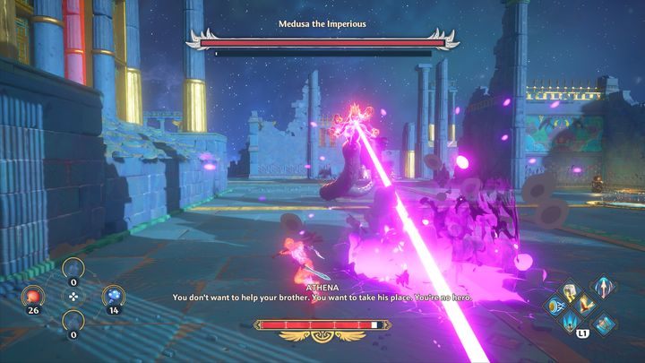 With this next phase comes yet another ability in the form of a purple laser, which stains the ground with residue that deals damage over time and slows you down - Immortals Fenyx Rising: Medusa the Imperoius - how to defeat the boss? - Bosses - Immortals Fenyx Rising Guide