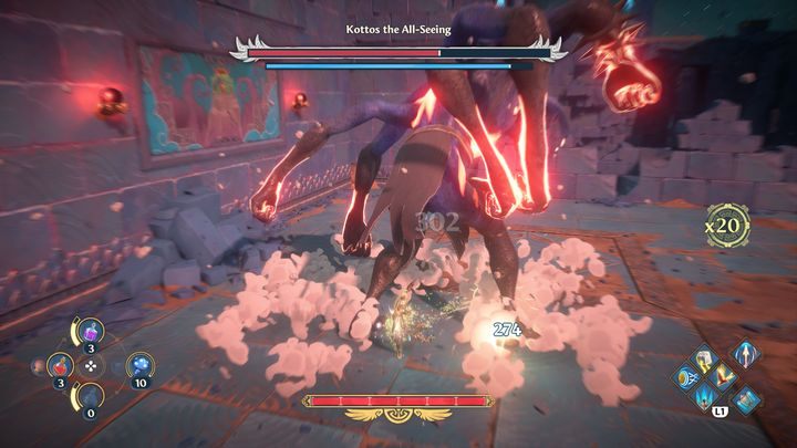 By smashing the ground multiple times with his fists, he creates pillars which, moments later, spring up from under you and deal damage upon contact - Immortals Fenyx Rising: Kottos the All-Seeing - how to defeat the boss? - Bosses - Immortals Fenyx Rising Guide