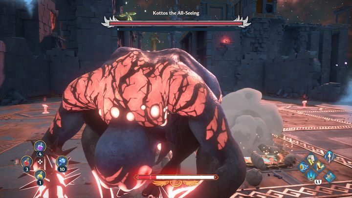 His most powerful attack is to roll into a ball, straighten his arms out, and launch himself in your direction - Immortals Fenyx Rising: Kottos the All-Seeing - how to defeat the boss? - Bosses - Immortals Fenyx Rising Guide