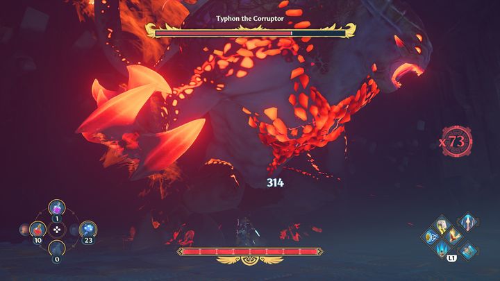 In general, sticking to his feet will allow you to dodge most of his abilities - Immortals Fenyx Rising: Typhon the Corruptor - how to defeat the boss? - Bosses - Immortals Fenyx Rising Guide