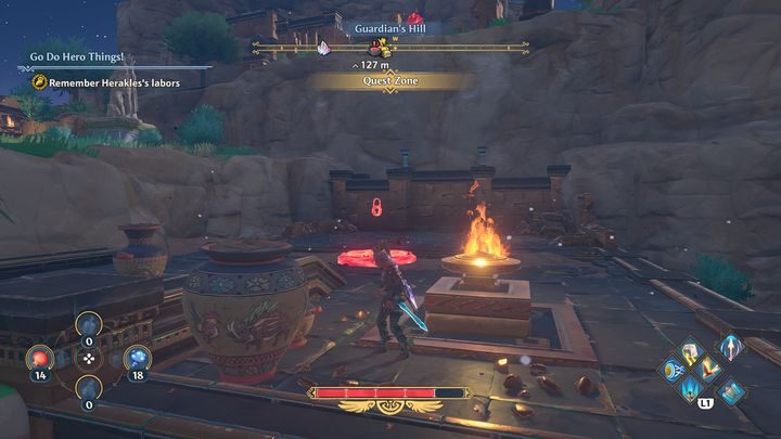 Straight ahead, on the right is a simple puzzle to solve - just light two unlit torches - Immortals Fenyx Rising: Go Do Hero Things! - walkthrough - Athenas quests - Immortals Fenyx Rising Guide