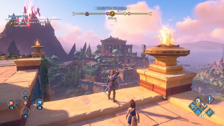 Once you get there, the entrance to the temple will be blocked by a red barrier - Immortals Fenyx Rising: Judgment Day - walkthrough - Athenas quests - Immortals Fenyx Rising Guide