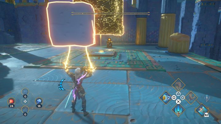 Place the golden block on the platform on the right, while the wooden box on the left platform - Immortals Fenyx Rising: Judgment Day - walkthrough - Athenas quests - Immortals Fenyx Rising Guide