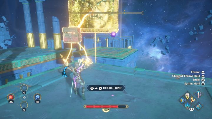 Since the main object you are lifting is small, you can do a double jump - Immortals Fenyx Rising: Judgment Day - walkthrough - Athenas quests - Immortals Fenyx Rising Guide