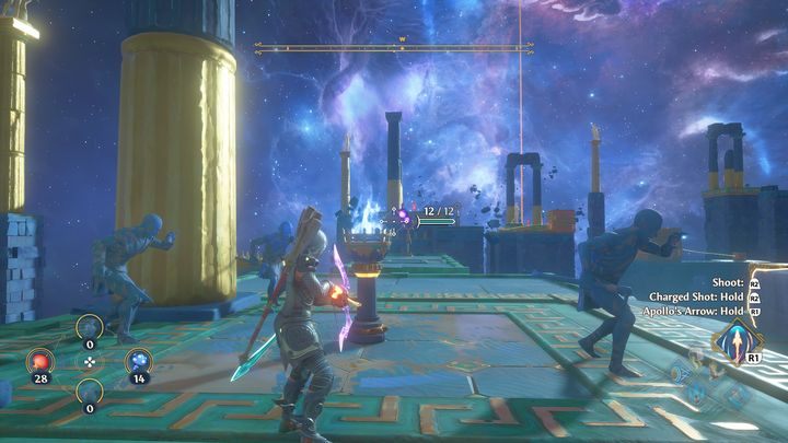 When you move it, for example, on the stairs, you will see several targets, which you need to hit with a burning Apollo arrow, and then light the torch, which will be created when you hit all the targets - Immortals Fenyx Rising: Judgment Day - walkthrough - Athenas quests - Immortals Fenyx Rising Guide