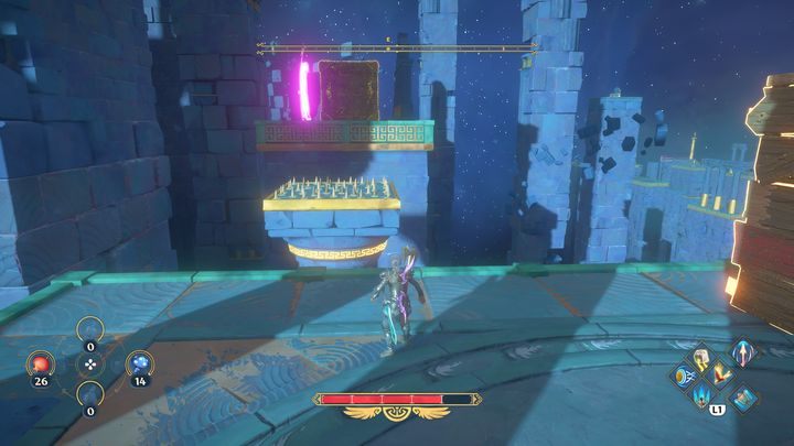 There is a button next to the gold sculpture - activating it, you will summon one wooden box and a gold block on the other side - Immortals Fenyx Rising: Judgment Day - walkthrough - Athenas quests - Immortals Fenyx Rising Guide