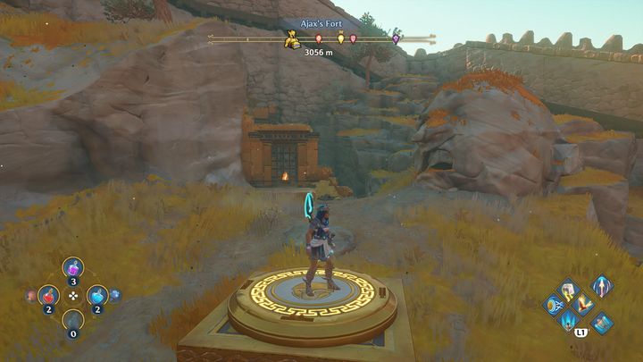 Head to the indicated place and step on the platform with the helmet symbol - Immortals Fenyx Rising: Chests (Wars Den) - map, list - Wars Den - Immortals Fenyx Rising Guide