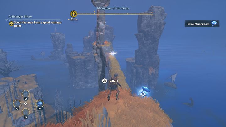 This is the first Ambrosia that you will collect, reaching this location is a part of a main quest; the resource is placed on top of the Messenger of the Gods statue - Immortals Fenyx Rising: Ambrosia (Clashing Rocks) - map - Destroying Rocks - Immortals Fenyx Rising Guide