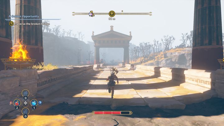 After you get to the structure, use your double jump ability in order to jump over the holes in the bridge and reach the other side - Immortals Fenyx Rising: A Golden Opportunity - walkthrough - Main missions - Immortals Fenyx Rising Guide