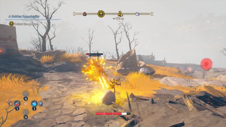 As for defeating the Gorgon itself, you need to know that it has a ranged attack, it can fire bright, yellow lasers out of its eyes - Immortals Fenyx Rising: A Golden Opportunity - walkthrough - Main missions - Immortals Fenyx Rising Guide