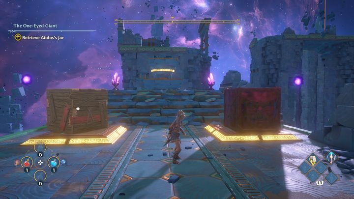 The next task will be quite similar, activate a button, place a wooden box on the left side, whereas the heavy block you must transport to the platform on the right side; after all of this is done you can proceed further - Immortals Fenyx Rising: Blurry Vision - walkthrough - Main missions - Immortals Fenyx Rising Guide