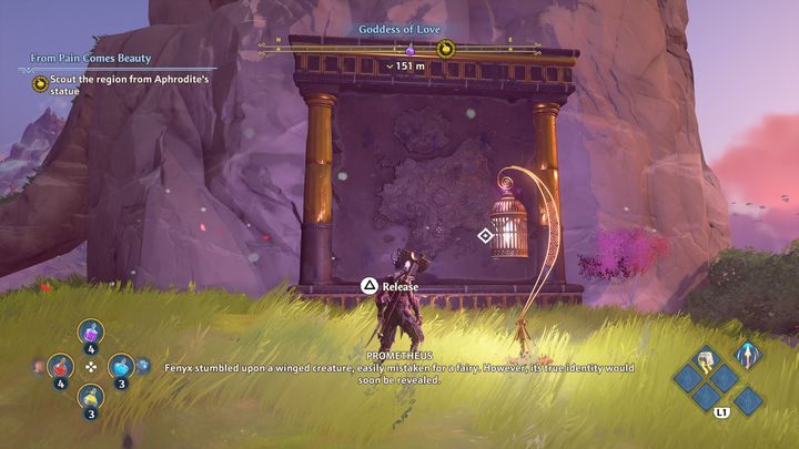 While halfway to the very top of the statue, you will encounter a cage, release the creature trapped within it - Immortals Fenyx Rising: From Pain Comes Beauty - walkthrough - Aphrodites tasks - Immortals Fenyx Rising Guide