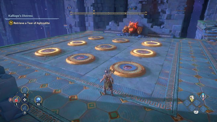 This is how it should look, start from the left side, and avoid stepping onto other switches than those shown on the wall - Immortals Fenyx Rising: A Crying Shame - walkthrough - Aphrodites quests - Immortals Fenyx Rising Guide