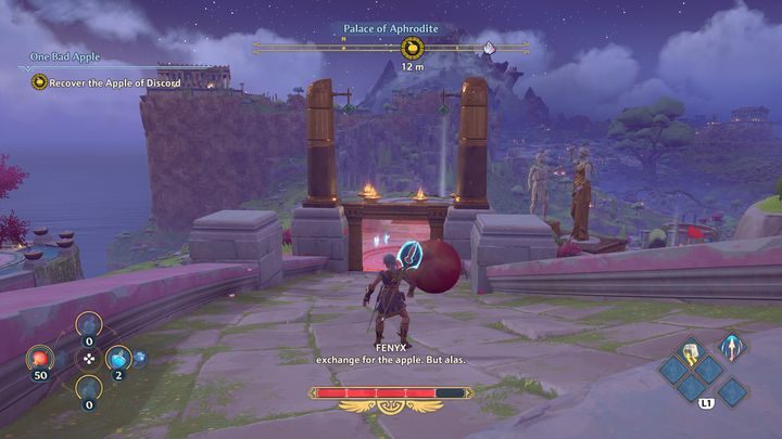 When the apple starts rolling, it will stop at the red barrier - Immortals Fenyx Rising: One Bad Apple - walkthrough - Aphrodites quests - Immortals Fenyx Rising Guide