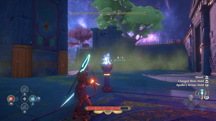 Once the Minotaur is stunned, you can approach the torch on the left side and shoot at the seed to get rid of some of the poison - Immortals Fenyx Rising: Mean Goddesses - walkthrough - Aphrodites quests - Immortals Fenyx Rising Guide