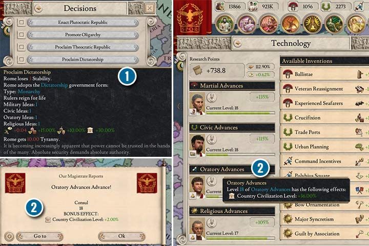 Changing the government to, e.g. dictatorship (bspan class=wcn1/span/b) and leveling up oratory advances (bspan class=wcn2/span/b) increases Civilization Value (symbolized with a Roman structure with columns). - Civilization Value in Imperator Rome - Managing the country - Imperator Rome Guide