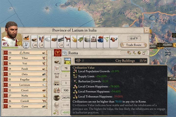 Rome has 78 points in Civilization Value. All other towns will slowly gain Civilization Value points until they reach that maximum value. - Civilization Value in Imperator Rome - Managing the country - Imperator Rome Guide