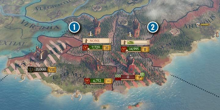 The Romans are besieging two forts: (1) on the left has level two walls, so an army of 7 thousand is to small to lay siege to it. (2) has too many soldiers assigned to the siege of a smaller level 1 fort. - Forts and control zone in Imperator Rome - War - Imperator Rome Guide