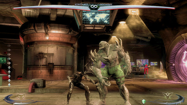 On the left and right side of the central part of the arena there are screens hanging from the ceiling which can be reached by jumping - Injustice Gods Among Us: Insurgency, arena guide - Arenas - Injustice: Gods Among Us Game Guide