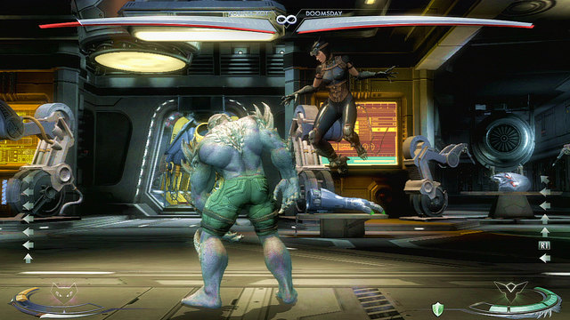 On the left and right side of the central part of the arena there are lamps hanging from the ceiling, you can jump to them and throw them at the enemy - Injustice Gods Among Us: Insurgency, arena guide - Arenas - Injustice: Gods Among Us Game Guide