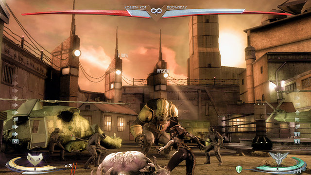 In the middle of the arena in the background theres an armoured creature, when fighting beside it you can throw the enemy at it - Injustice Gods Among Us: Strykers Island, arena guide - Arenas - Injustice: Gods Among Us Game Guide