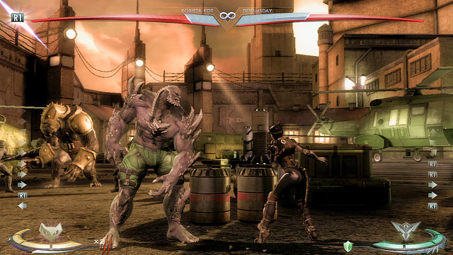 On the right side of the arena there are metal containers - Injustice Gods Among Us: Strykers Island, arena guide - Arenas - Injustice: Gods Among Us Game Guide