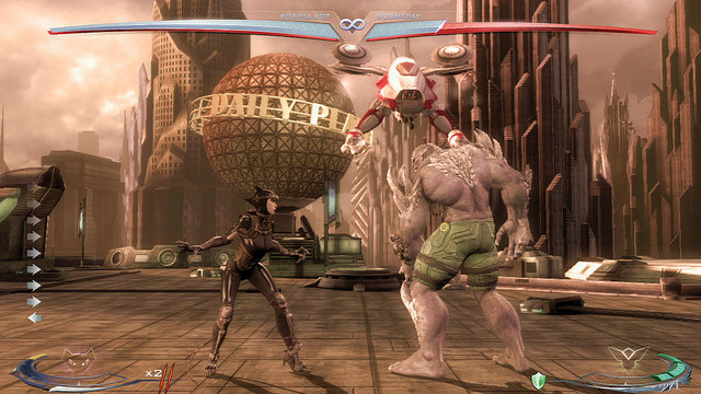 Theres a small vehicle flying above the arena, jump up to use it - Injustice Gods Among Us: Metropolis, arena guide - Arenas - Injustice: Gods Among Us Game Guide