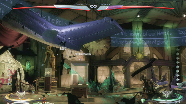 On the left side of the arena theres a helicopter tail with a propeller hanging from the ceiling, you can use it by jumping up - Injustice Gods Among Us: Metropolis, arena guide - Arenas - Injustice: Gods Among Us Game Guide