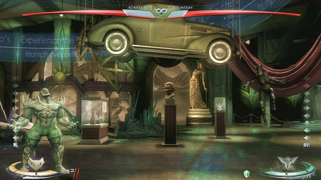 On the right side of the arena theres car hanging from the ceiling, you can jump up to interact with it - Injustice Gods Among Us: Metropolis, arena guide - Arenas - Injustice: Gods Among Us Game Guide