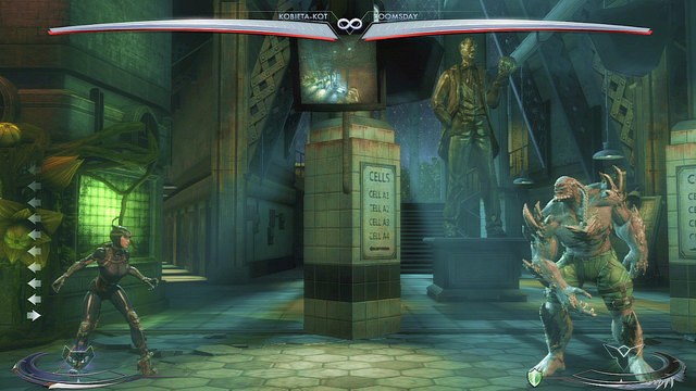 On the left and right side of the central part of the arena there are screen hanging from the ceiling - Injustice Gods Among Us: Arkham Asylum - Jokers Asylum, arena guide - Arenas - Injustice: Gods Among Us Game Guide