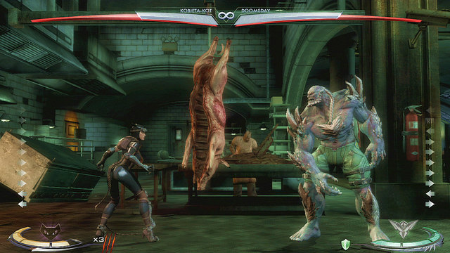 On the left side of the arena theres a pig hanging from a hook - Injustice Gods Among Us: Arkham Asylum - Jokers Asylum, arena guide - Arenas - Injustice: Gods Among Us Game Guide