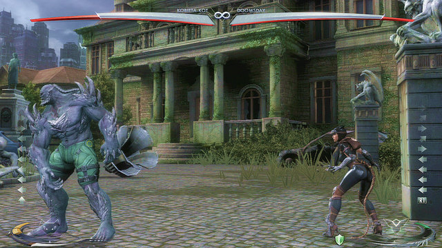 At the right edge of the arena theres a gargoyle pillar, you can jump up to interact with it - Injustice Gods Among Us: Wayne Manor - Wayne Manor Night, arena guide - Arenas - Injustice: Gods Among Us Game Guide