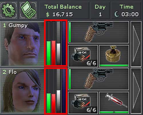 Bars by the mercenarys photo: you can see four vertical bars which stand for - Used marks and users interface - Campaign - introduction & Command Center - Jagged Alliance: Crossfire - Game Guide and Walkthrough