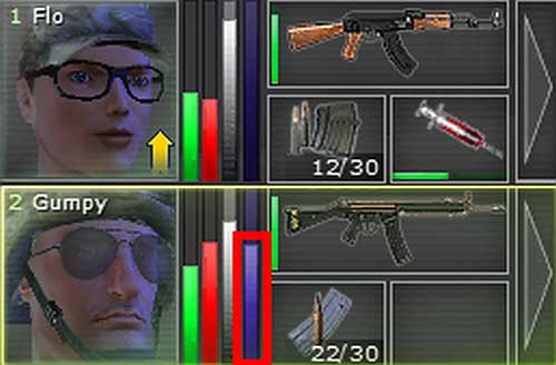 Noise level (violet bar): level of noise made by the mercenary during moving - Used marks and users interface - Campaign - introduction & Command Center - Jagged Alliance: Crossfire - Game Guide and Walkthrough