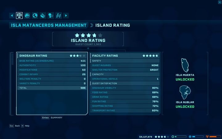 To raise the dinosaurs rating, simply fill your catwalks with different types of dinosaurs (they can also be those with genetic modifications) - How to get the maximum rating for the park in Jurassic World Evolution? - Park management - Jurassic World Evolution Game Guide