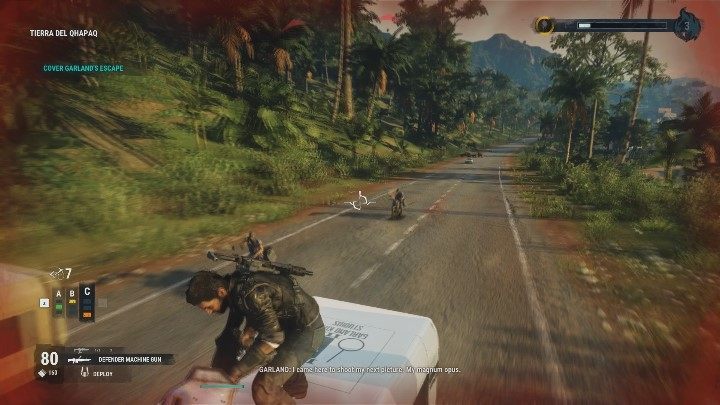 Use the grappling hook to get on the rooftop of Garlands vehicle - Garland Kings New Star | Garland Missions walkthrough for Just Cause 4 - Garland Missions - Just Cause 4 Guide