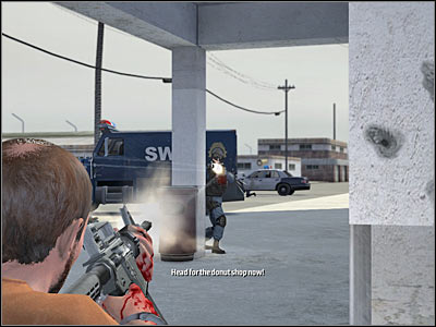 Once you've acquired the assault rifle, start RUNNING towards a nearby donut shop - Chapter 1 - part 4 - Walkthrough - Kane & Lynch: Dead Men - Game Guide and Walkthrough