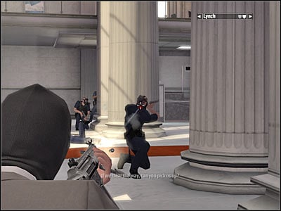 Once you've secured the bank, order your men to hide somewhere near the pillars - Chapter 3 - part 4 - Walkthrough - Kane & Lynch: Dead Men - Game Guide and Walkthrough