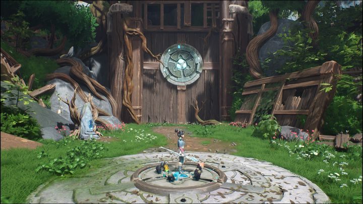 You must cross a large area, walking forward until you reach a huge, wooden gate with a crystal in its center - Kena Bridge of Spirits: Help the Woodsmith - walkthrough - Walkthrough - Kena Bridge of Spirits Guide