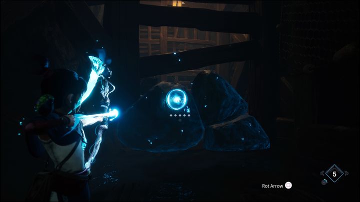 There are rocks on the right, throw a bomb and go inside where you'll find a chest with gems - Kena Bridge of Spirits: Help the Woodsmith - walkthrough - Walkthrough - Kena Bridge of Spirits Guide