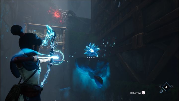 Turn around and shoot the flower, grappling yourself to the platform - Kena Bridge of Spirits: Help the Woodsmith - walkthrough - Walkthrough - Kena Bridge of Spirits Guide
