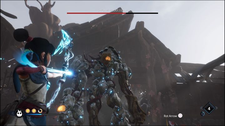 To damage the boss, you must first throw a bomb at it - Kena Bridge of Spirits: Stone Guardian - boss, how to beat? - Bosses - Kena Bridge of Spirits Guide