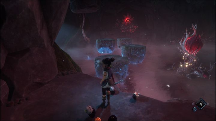 Now you need to throw a bomb at the objects to your left and to your right, jump across them to reach the two deadzones, cleanse them and jump down to the lower level once the fog and the corruption fades - Kena Bridge of Spirits: Adiras Regret - walkthrough - Walkthrough - Kena Bridge of Spirits Guide